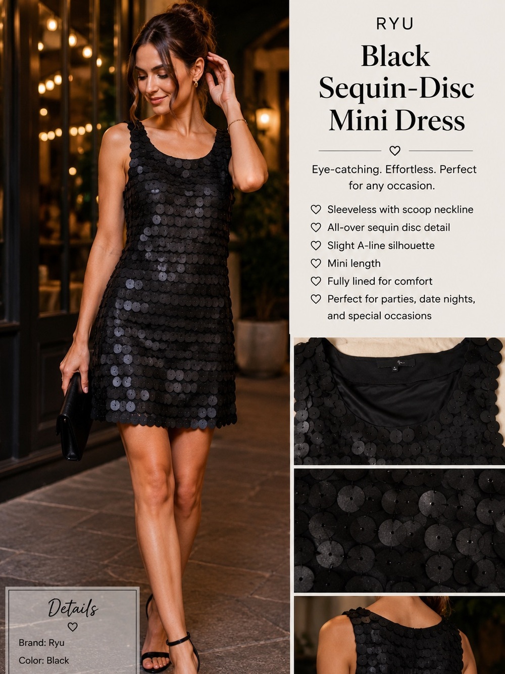 Ryu Black Sleeveless Sequin-Disc Mini Dress